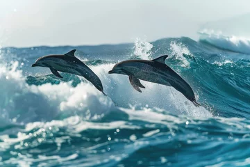 Foto op Aluminium Animals In Water. Playful Bottlenose Dolphin Family in Hawaii Pacific Ocean Red Sea © AIGen