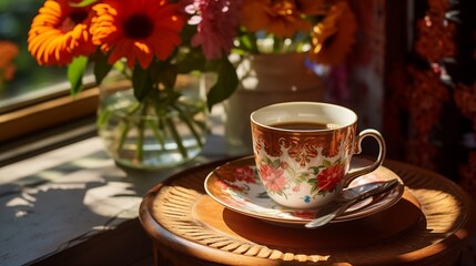 Fototapeta premium cup of tea with milk on a patterned saucer accompanied by a blooming flower in a vase in the soft sunlight