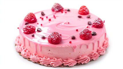 Naklejka premium Delicious pink birthday cake isolated on white background - sweet treat for celebrations and special occasions - vibrant dessert photography