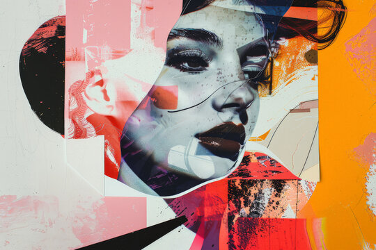 Abstract retro collage background with woman face. Creative grunge modern design