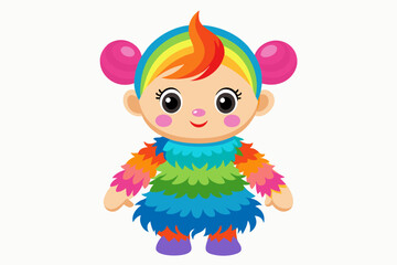 very cute baby doll, rainbow fur, full body, plain white background