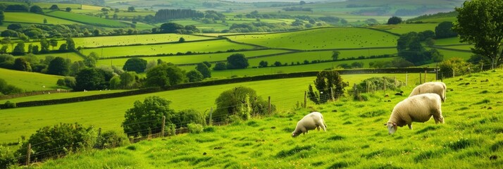 Green Farm Background. Panoramic Hill View of Pastoral Landscape with Cow Grazing in Ireland