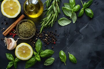 Black Background Food. Fresh Herbs and Spices Selection for Italian Kitchen - Powered by Adobe