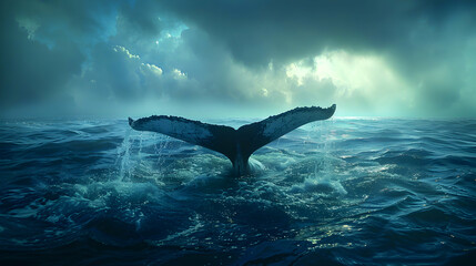 A whale tail disappearing into the deep blue sea, captured just as the giant mammal dives beneath the waves