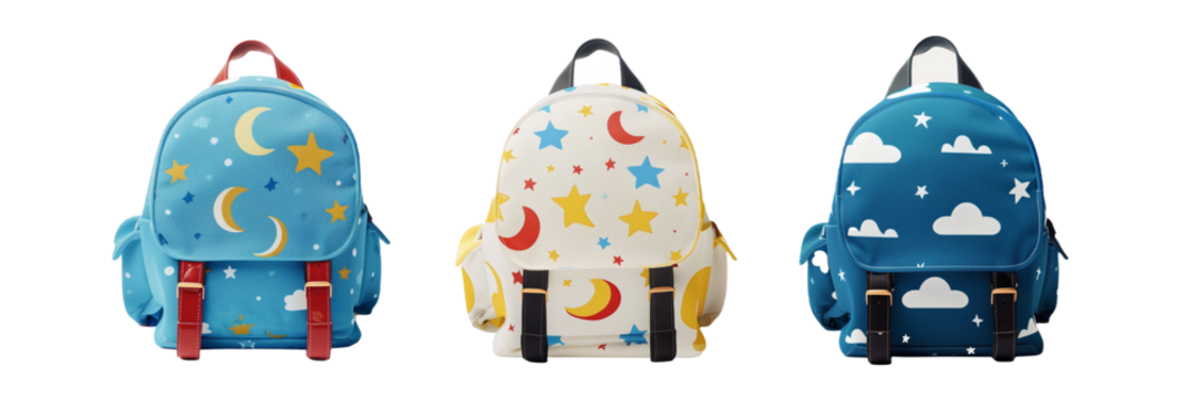 set of different backpacks featuring cartoon-themed patterns with stars, moons, and clouds, isolated on transparent background