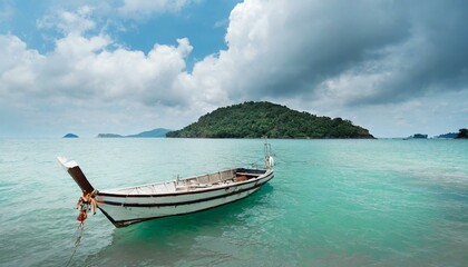 tropical island with boat boat, sea, beach, island, ocean, water, sky, travel