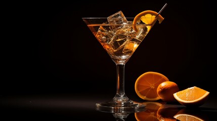 glass of martini with ice cubes and piece of orange in straw placed on dark background