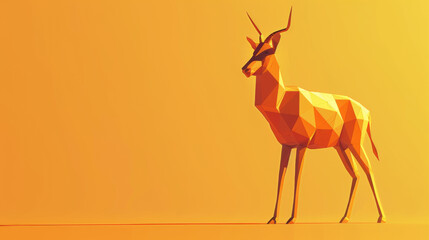 Abstract low poly antelope sculpture displayed prominently against a vibrant orange backdrop, evoking modern digital art. - obrazy, fototapety, plakaty