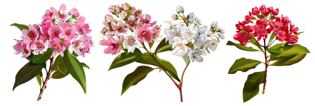 set of mountain laurel flowers, vibrant and detailed, isolated on transparent background