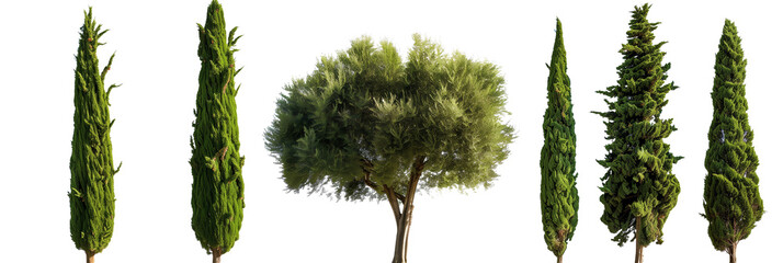 set of cypress trees, tall and slender, isolated on transparent background