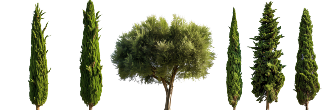 set of cypress trees, tall and slender, isolated on transparent background