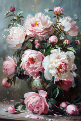 Obraz na płótnie Canvas Hyper realistic sill life bouquet of white pink peonies in vase.