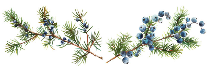 set of juniper branches with blue berries, detailed, isolated on transparent background