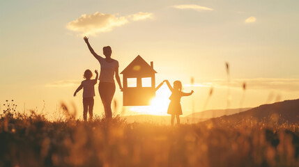 A family of three is holding up a paper house in front of the setting sun.

 - obrazy, fototapety, plakaty