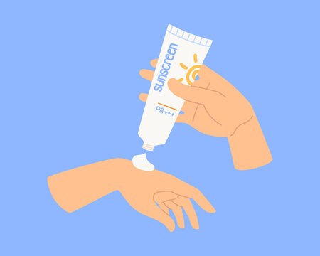 recommend clip art: A woman's hand squeezes cream from a tube onto the other hand. Protection for the skin from solar ultraviolet light.