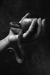Monochrome image womans hand holding apple and snake. 