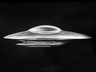  1950s retro style scifi, silver UFO flying saucer vehicle.