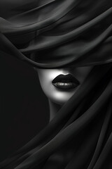 Woman's face partially covered with black transparant veil.