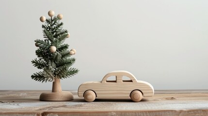 Wooden Toy Car with Festive Tree on Table against White Background - Powered by Adobe