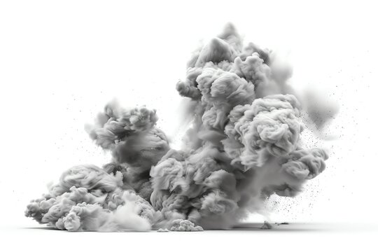 a smoke explosion, dense gray plumes, isolated white background, soft backlighting, side angle