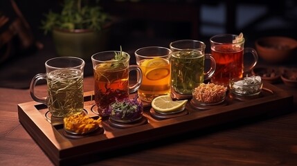 tasty aromatic herbal teas and spiced beverages in glasses near condiments in small bowls on wooden tray - Powered by Adobe