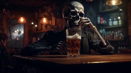 Skeletal figure enjoying a drink in a moody bar setting