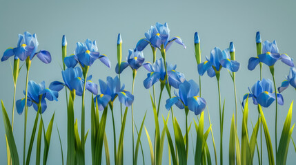 Lively blue iris flowers in full bloom, standing tall against a soft sky blue background, embodying freshness and beauty. - obrazy, fototapety, plakaty