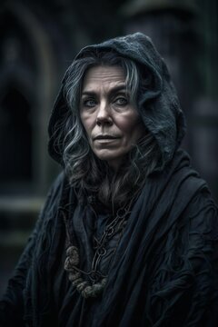 Retrato &Eacute;pico de Cailleach, a Deusa Bruxa, em Cena G&oacute;tica Escura com Castelos &ndash; Arte Conceitual Sci-Fi