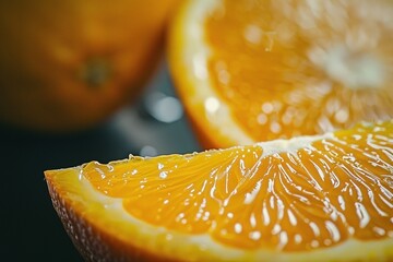 Fotografía macro de naranja en corte transversal, destacando la frescura y textura jugosa, ideal para temas de alimentación y nutrición
