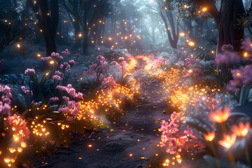  A whimsical forest path illuminated in the style in a fantasy style