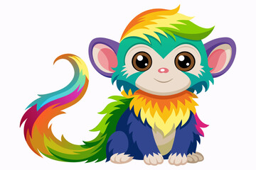 very cute baby monky, rainbow fur, full body, plain white background