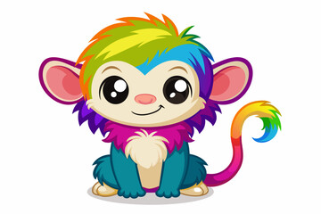 very cute baby monky, rainbow fur, full body, plain white background