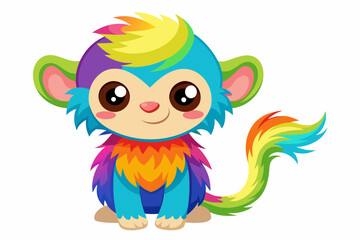 very cute baby monky, rainbow fur, full body, plain white background