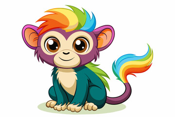 very cute baby monky, rainbow fur, full body, plain white background