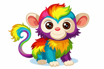 very cute baby monky, rainbow fur, full body, plain white background