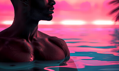 A serene image capturing a male figure standing in a body of water with a striking sunset in the background rendering warm hues. Summer and holiday concept. - Powered by Adobe