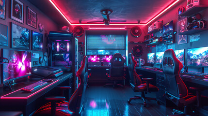 Video game paradise, with consoles and gaming chairs ready.