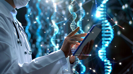 Doctor touching tablet, analyzing medical record or evaluating healthcare reports. Futuristic hologram DNA and connecting line. Modern medical technology concept.