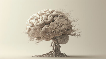 A conceptual sculpture depicting a brain as a tree with intricate branches on a pastel background.