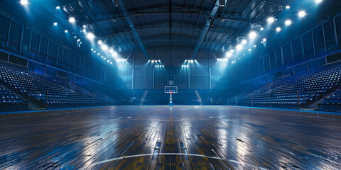 Empty basketball arena stadium sports ground with flashlights and fan sits withblue background - obrazy, fototapety, plakaty