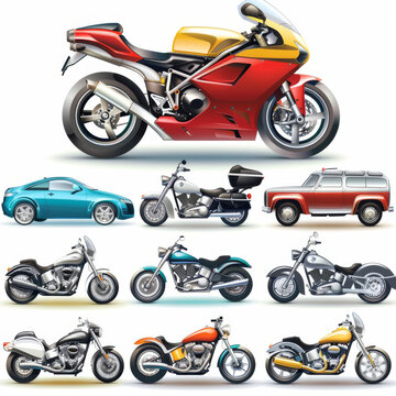 A collection of detailed illustrations featuring various motorcycles and vintage cars, showcasing diverse vehicle designs.