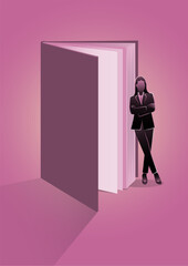 Confidence businesswoman leaning on a giant book