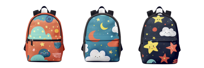 set of different backpacks featuring cartoon-themed patterns with stars, moons, and clouds, isolated on transparent background