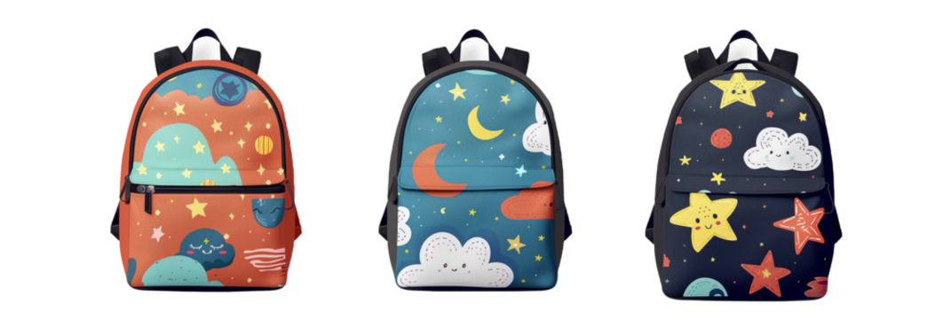 set of different backpacks featuring cartoon-themed patterns with stars, moons, and clouds, isolated on transparent background - Powered by Adobe