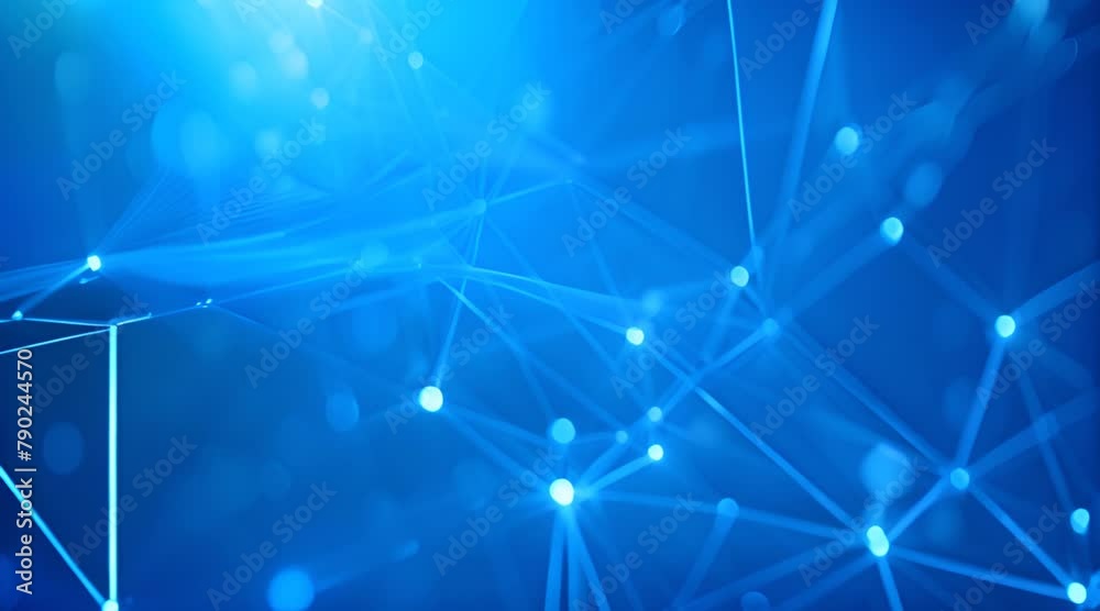 Poster Abstract network connectivity with glowing nodes and lines on a dark blue background. Concept of digital communication, internet, and data technology
