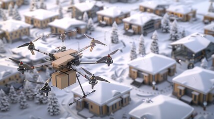 A drone is flying over a snowy neighborhood with houses and trees