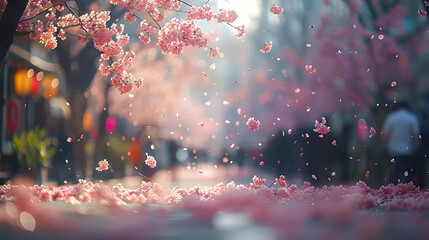 Cherry blossoms in full bloom, with a gentle breeze causing petals to flutter down onto a busy park path