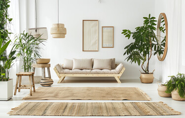 Ecofriendly living room with green plants, wooden furniture and jute rug on the white floor
