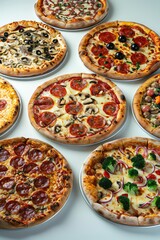 Fototapeta na wymiar Realistic 3D assortment of pizzas featuring diverse toppings, isolated white backdrop, natural lighting, front angle