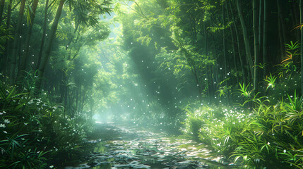 Early morning light filtering through a bamboo forest, creating patterns of light and dark on the...